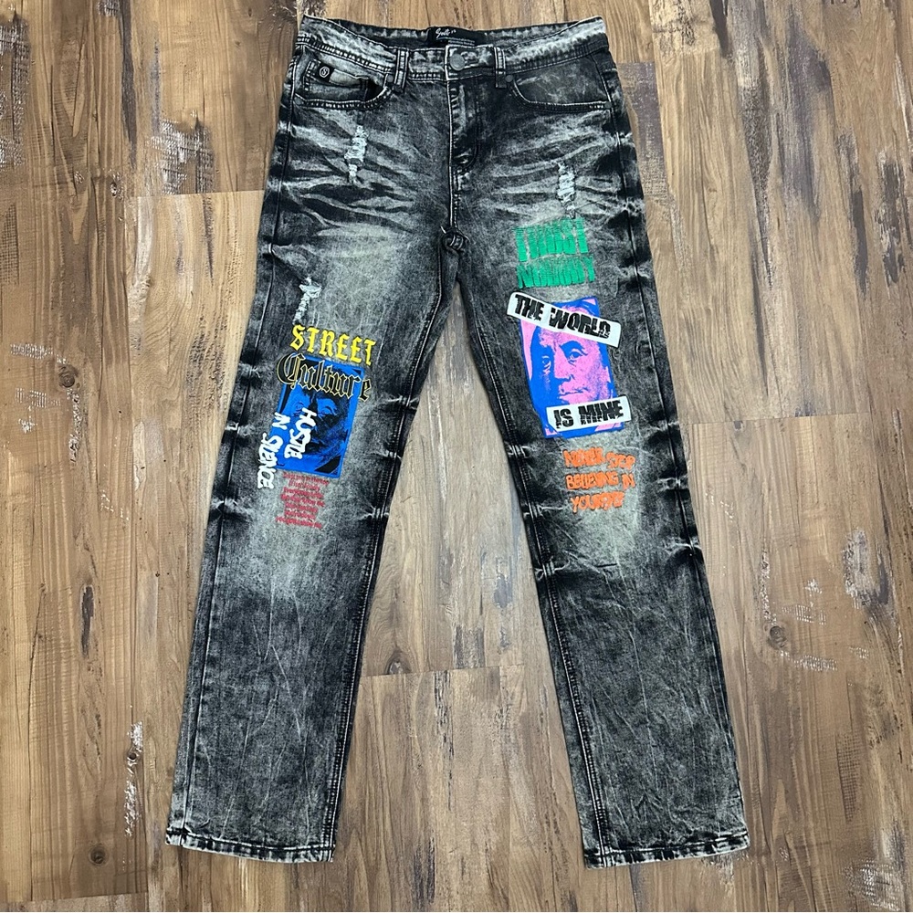Switch Jeans “Street Culture” Neon Paint Graphics Distressed Acid Wash Jeans